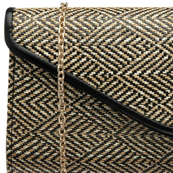 Lotus Chariot Black Clutch Bag with geometric woven pattern, gold chain strap, and black leather trim. Elegant and stylish accessory.