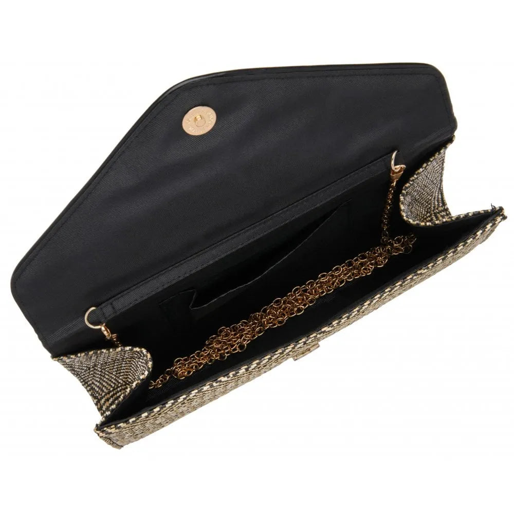 Lotus Chariot Black Clutch Bag with gold chain and intricate woven design, stylish evening accessory with interior pocket and magnetic closure.