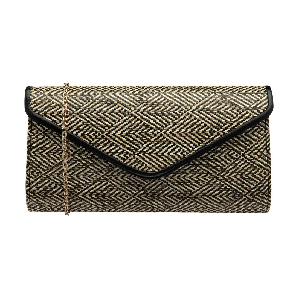 Black Lotus Chariot clutch bag with geometric woven pattern and chain strap. Elegant evening purse with black trim.
