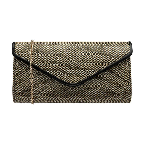 Black Lotus Chariot clutch bag with geometric woven pattern and chain strap. Elegant evening purse with black trim.