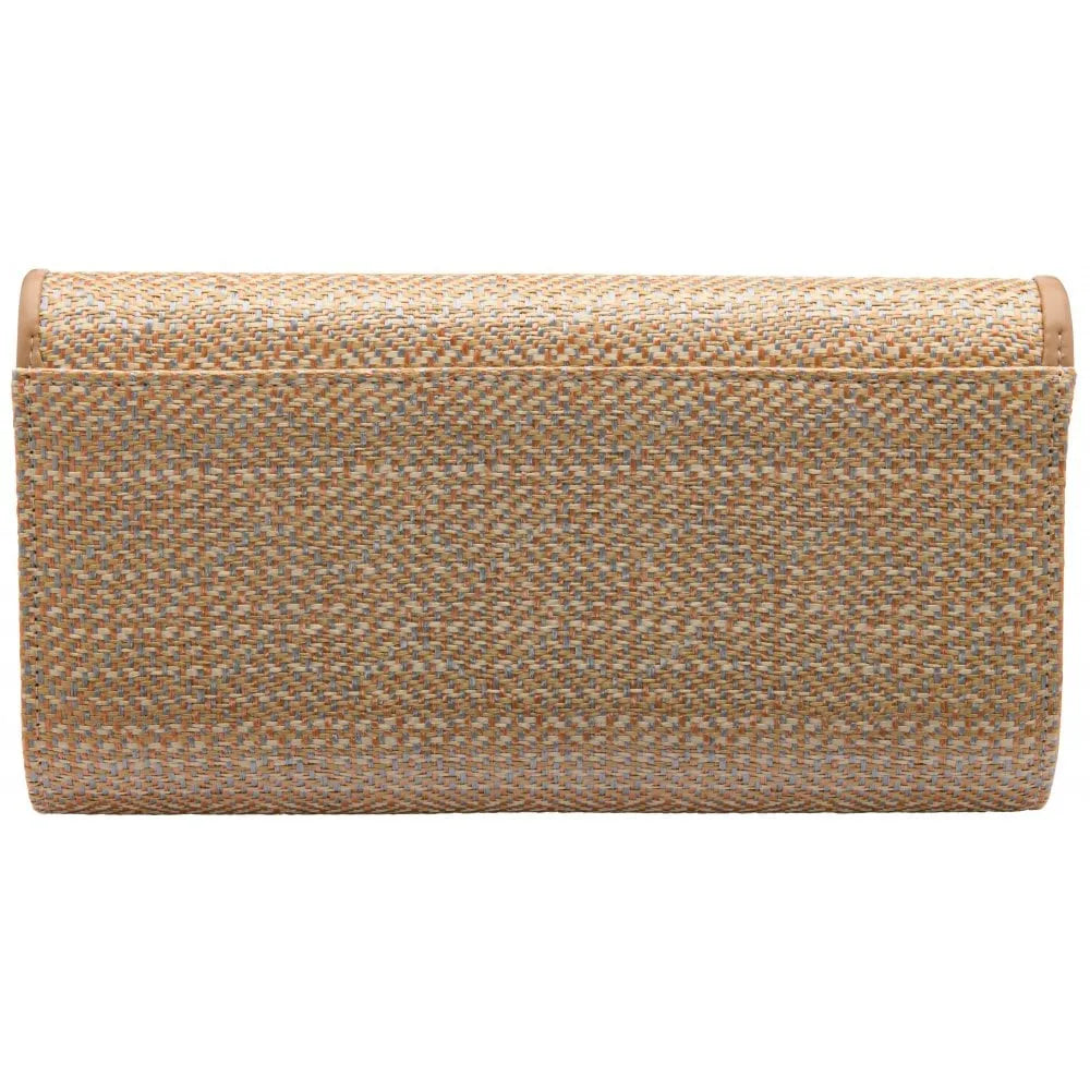 Lotus Chariot Natural Clutch Bag with woven straw texture, rectangular shape, and subtle floral design. Perfect for elegant occasions.