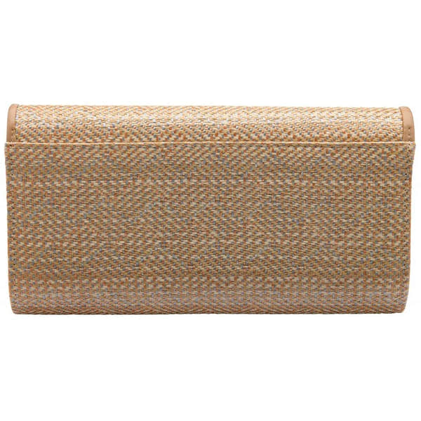 Lotus Chariot Natural Clutch Bag with woven straw texture, rectangular shape, and subtle floral design. Perfect for elegant occasions.