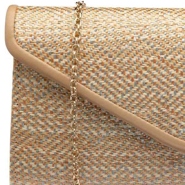 Lotus Chariot natural woven clutch bag with beige trim and gold chain strap, stylish summer accessory.