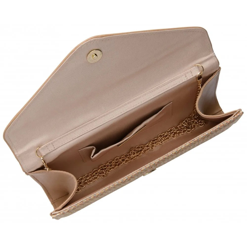 Lotus Chariot Natural Clutch Bag with gold chain interior and floral design, stylish and elegant accessory for women.