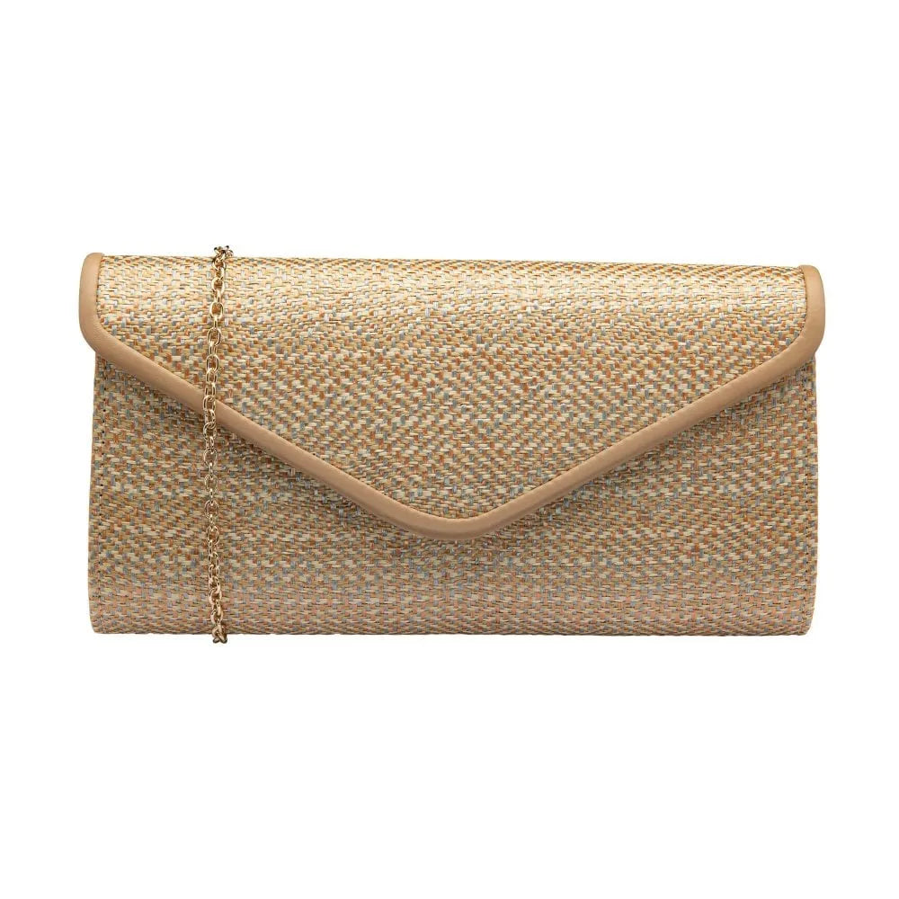 Lotus Chariot natural clutch bag with woven textured fabric, beige leather trim, and a gold chain strap.