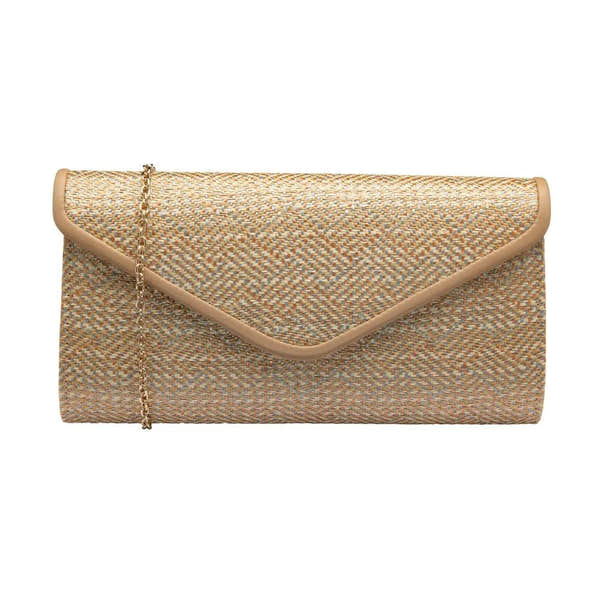 Lotus Chariot natural clutch bag with woven textured fabric, beige leather trim, and a gold chain strap.