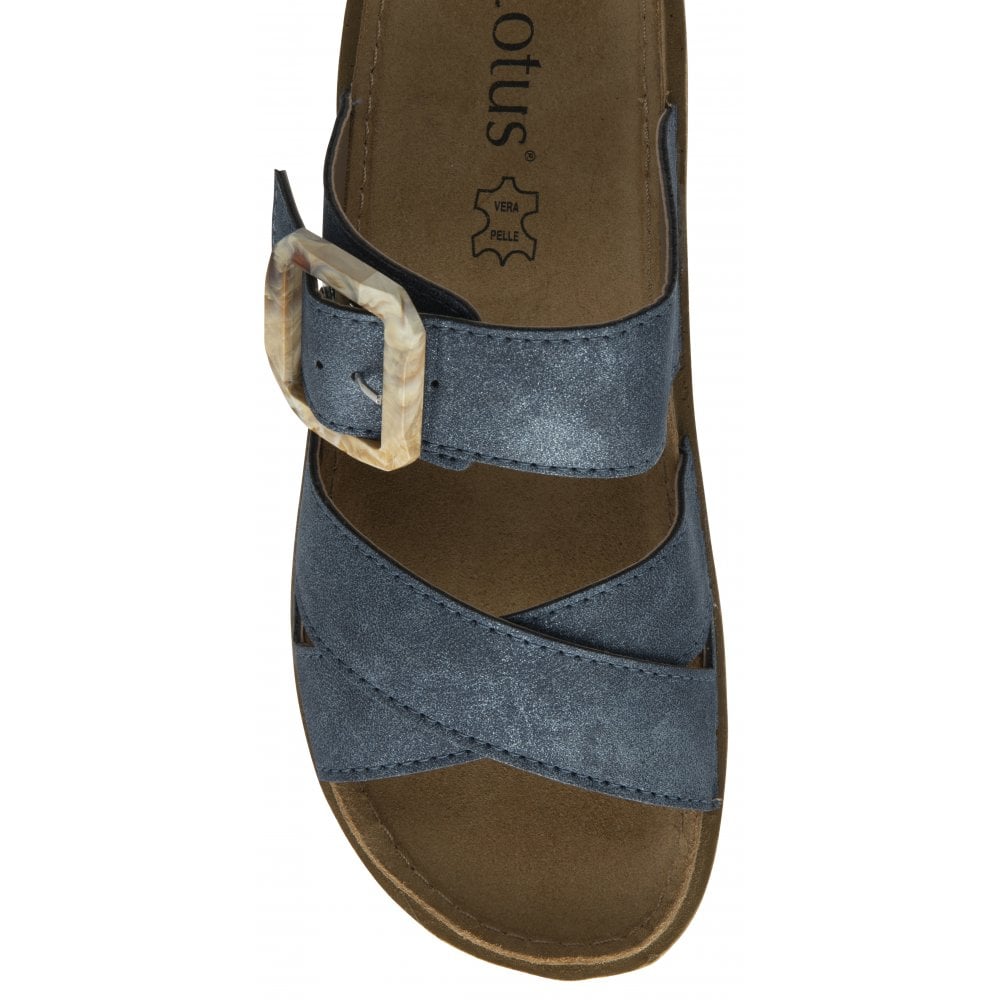 Lotus Comino Ladies Blue Touch Fastening Sandals with crisscross straps and decorative buckle, comfortable leather footbed.