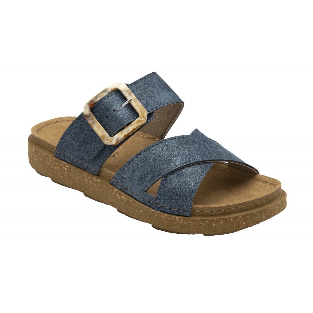 Lotus Comino Ladies Blue Touch Fastening Sandals with adjustable strap and marble-patterned buckle, cushioned footbed, and beige sole.