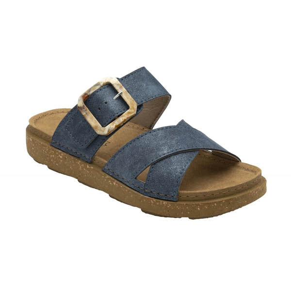 Lotus Comino Ladies Blue Touch Fastening Sandals with adjustable strap and marble-patterned buckle, cushioned footbed, and beige sole.