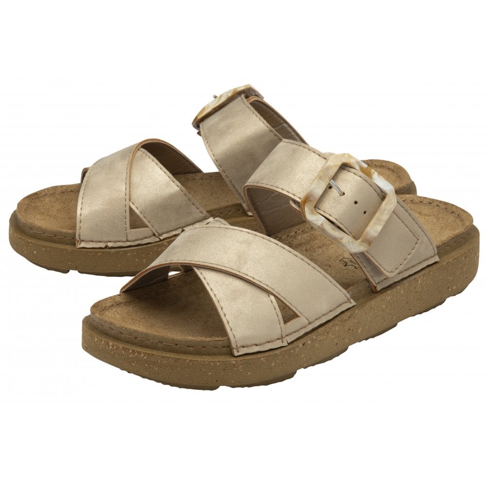 Lotus Comino Ladies Gold Touch Fastening Sandals with adjustable buckle and cushioned footbed.