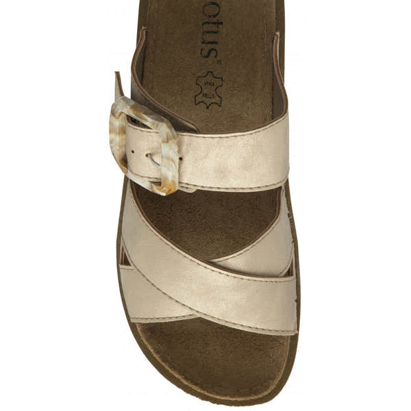 Lotus Comino Ladies Gold Touch Fastening Sandals with adjustable buckle strap and cushioned insole.