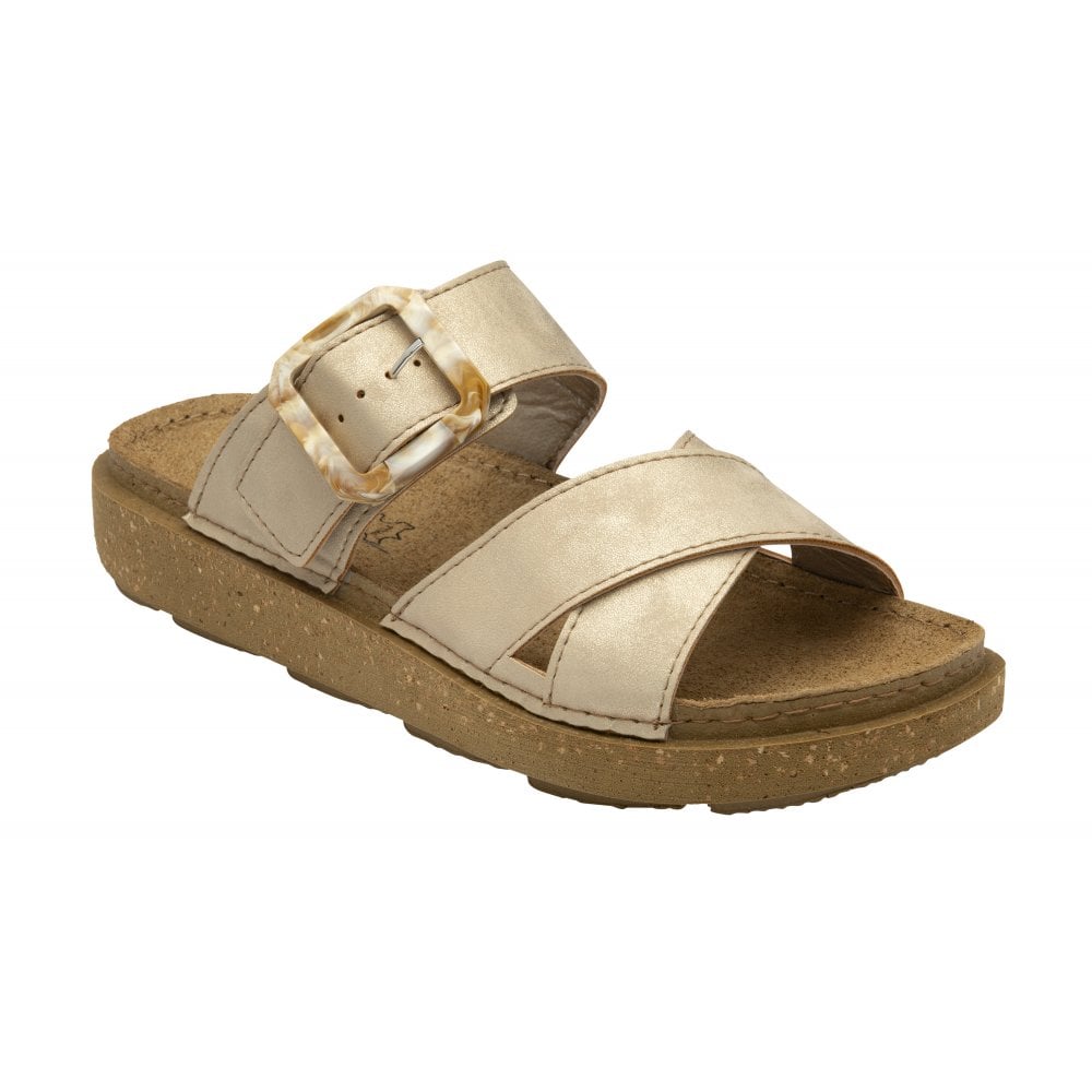 Lotus Comino Ladies Gold Touch Fastening Sandals with adjustable strap and cork sole, stylish and comfortable footwear.