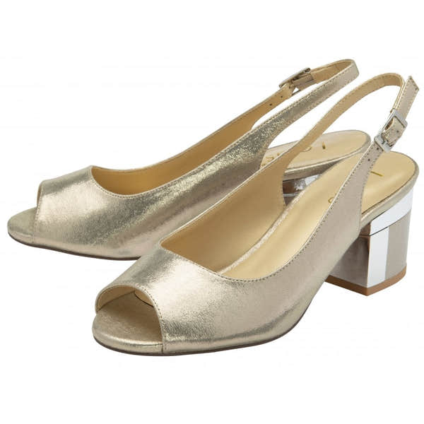 Gold sling back heels for women with open toe, block heel, and adjustable strap, Elegant Lotus Evelyn Ladies shoes.