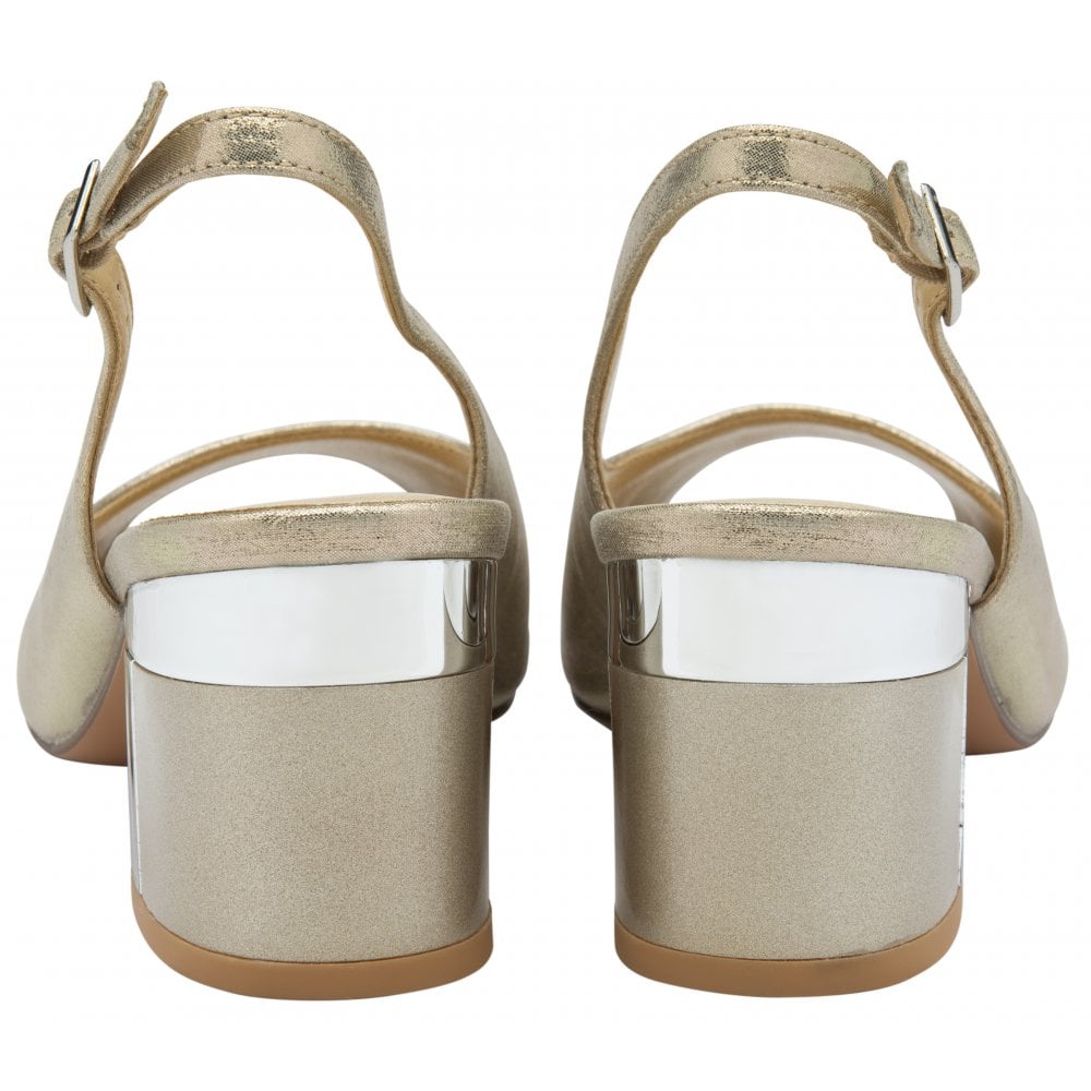 Lotus Evelyn Ladies Gold Sling Back Shoes with block heels and adjustable ankle straps. Elegant and stylish for special occasions.