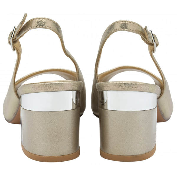 Lotus Evelyn Ladies Gold Sling Back Shoes with block heels and adjustable ankle straps. Elegant and stylish for special occasions.