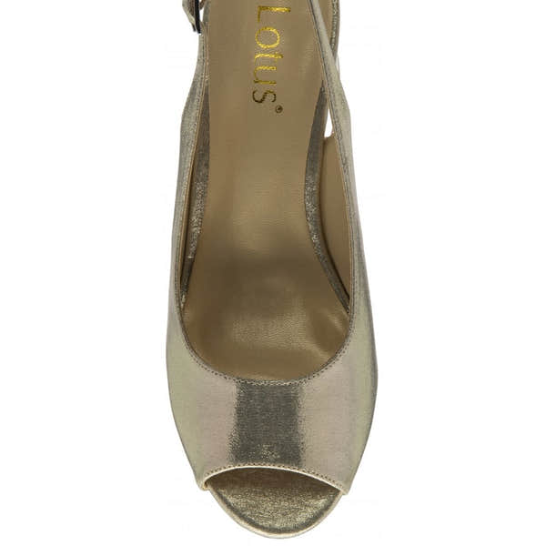Gold slip-on high-heel shoes for women, open-toe, with elegant design and brand logo inside.