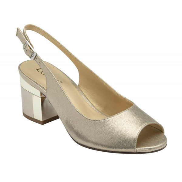 Lotus Evelyn women's gold sling back peep-toe heels with block heel and adjustable strap. Elegant footwear for special occasions.