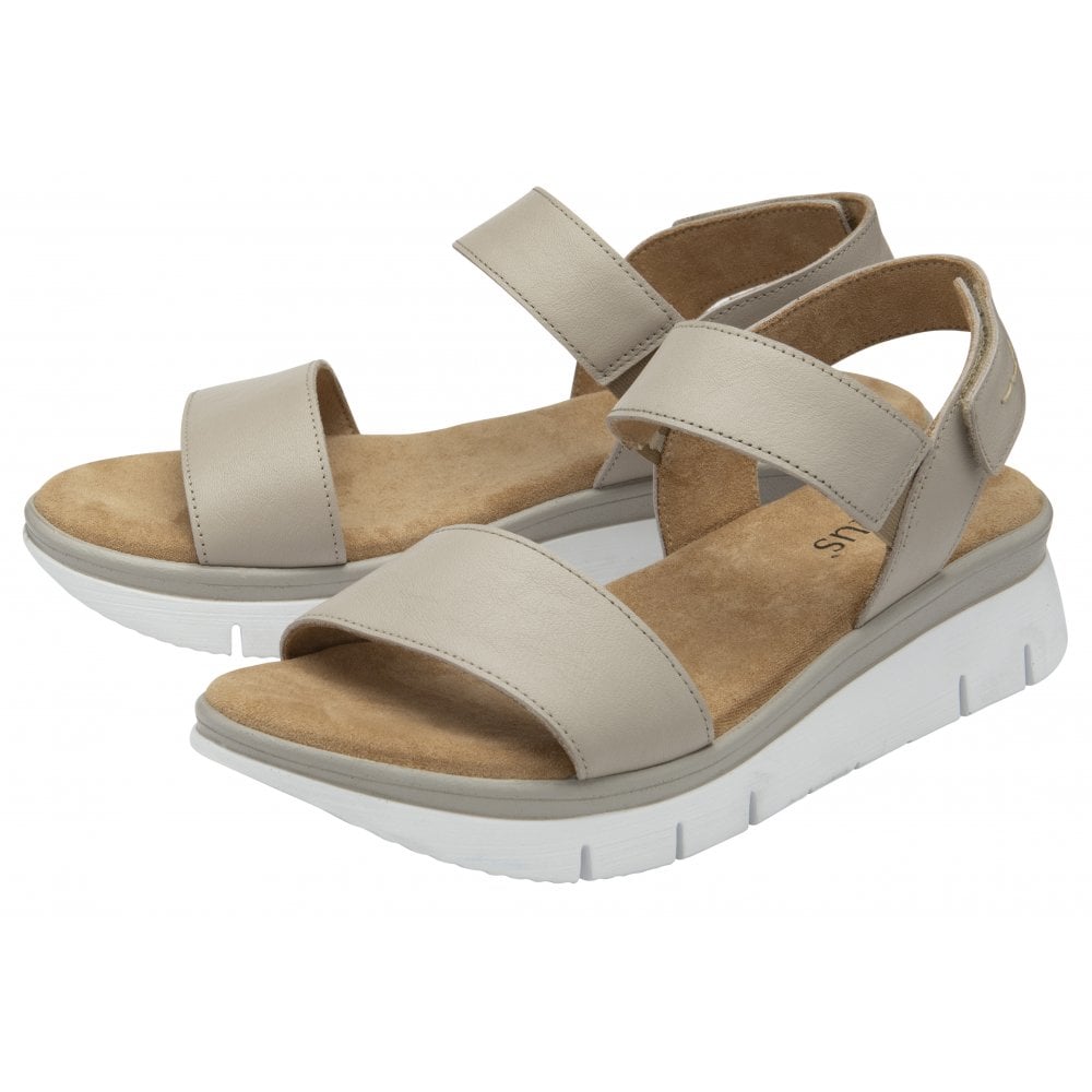 Lotus Facchini women's stone leather slingback sandals with cushioned footbed and thick white sole.