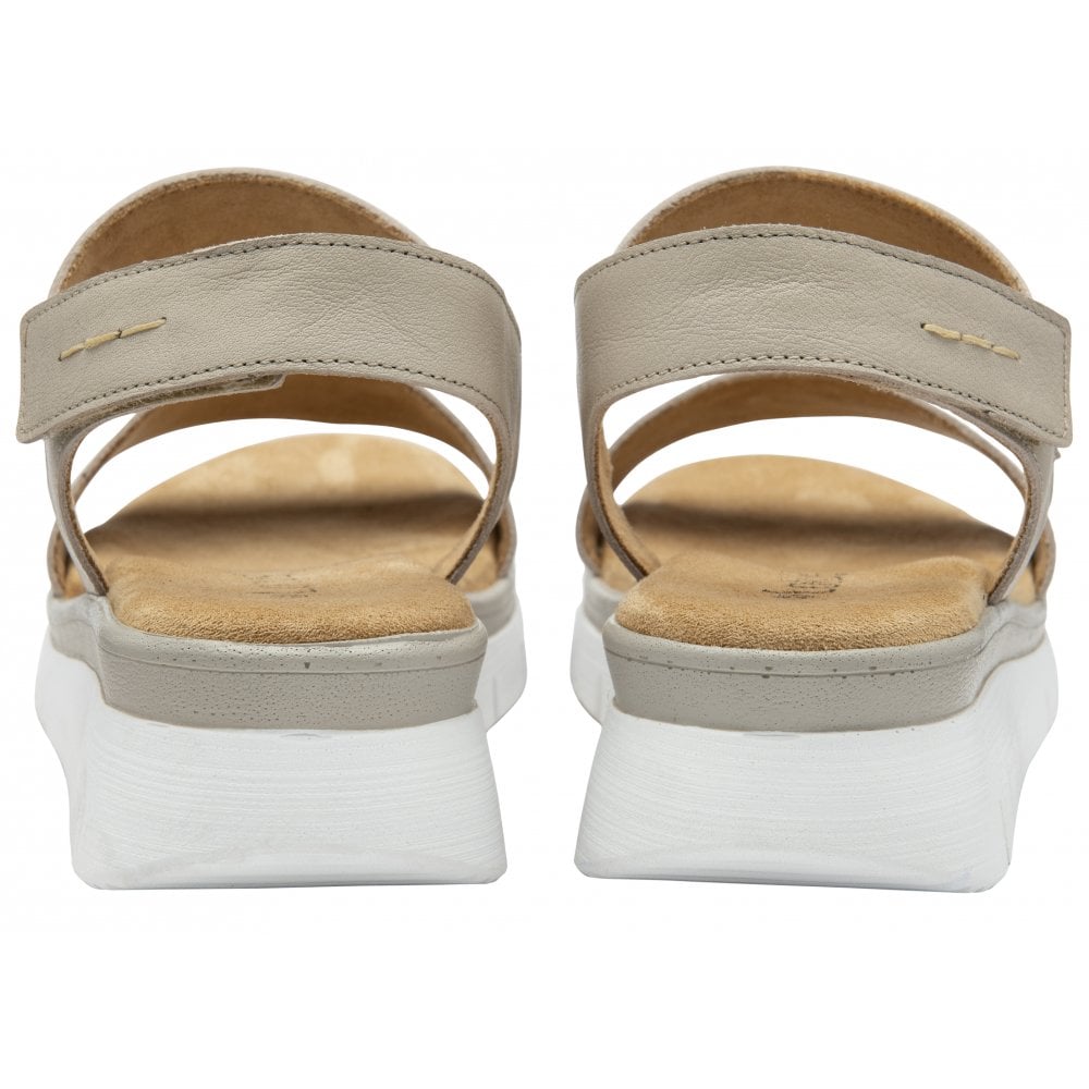 Lotus Facchini women's stone leather slingback sandals with cushioned footbed and chunky white platform sole.