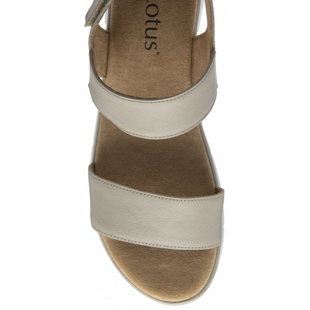 Lotus Facchini women's stone leather slingback sandals with two wide straps and cushioned footbed.