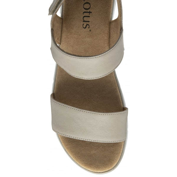 Lotus Facchini women's stone leather slingback sandals with two wide straps and cushioned footbed.