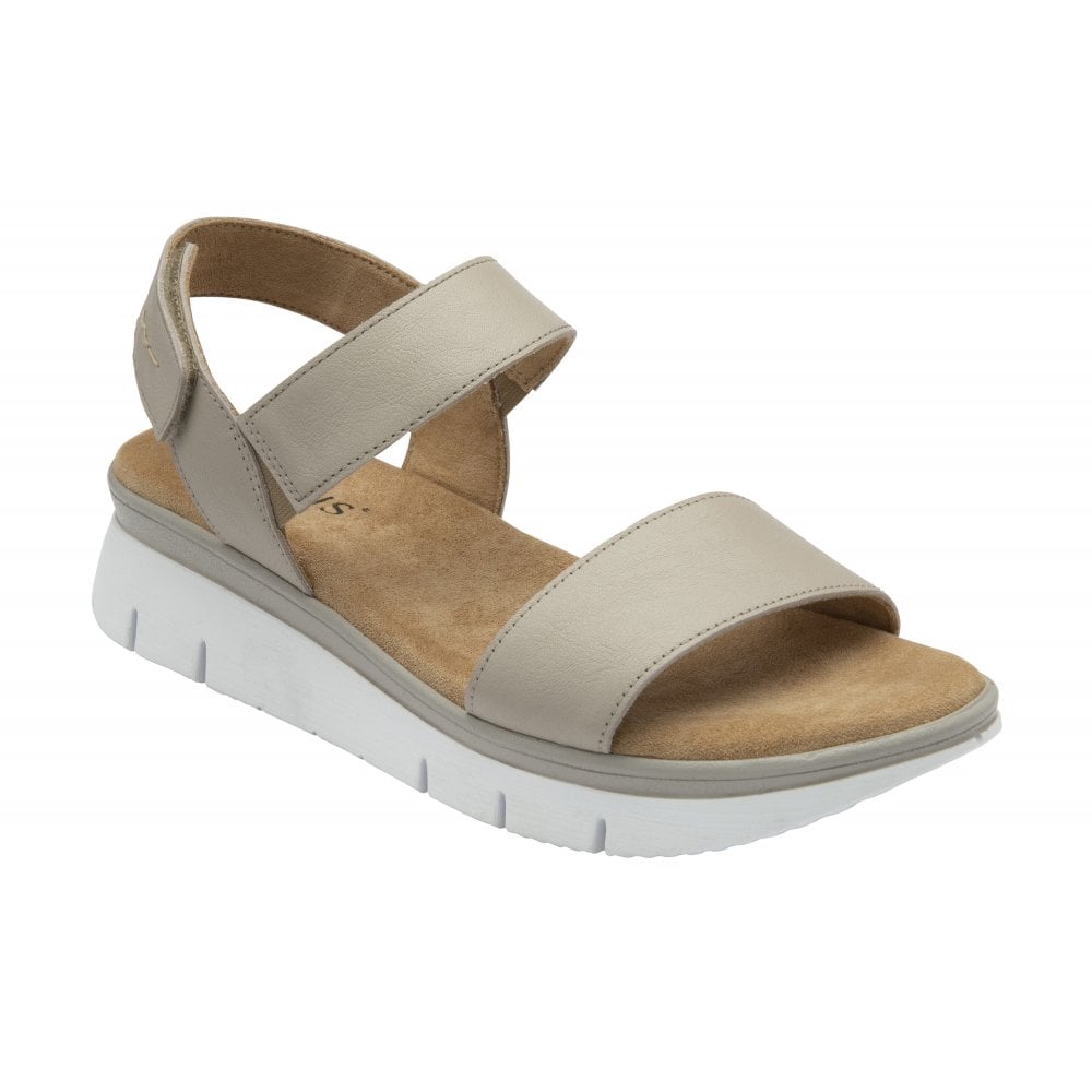 Lotus Facchini women's stone leather slingback sandal with wide straps, cushioned insole, and white chunky sole.