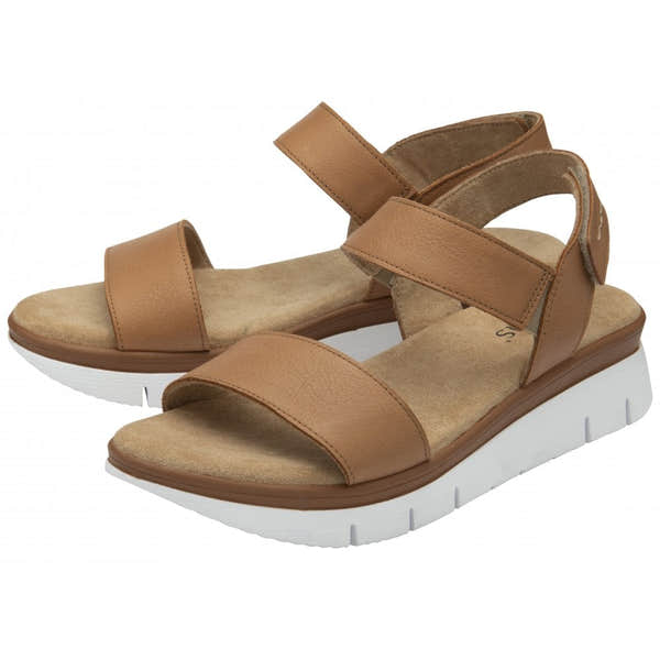 Lotus Facchini Ladies Tan Leather Slingback Sandals with cushioned footbed and white sole.