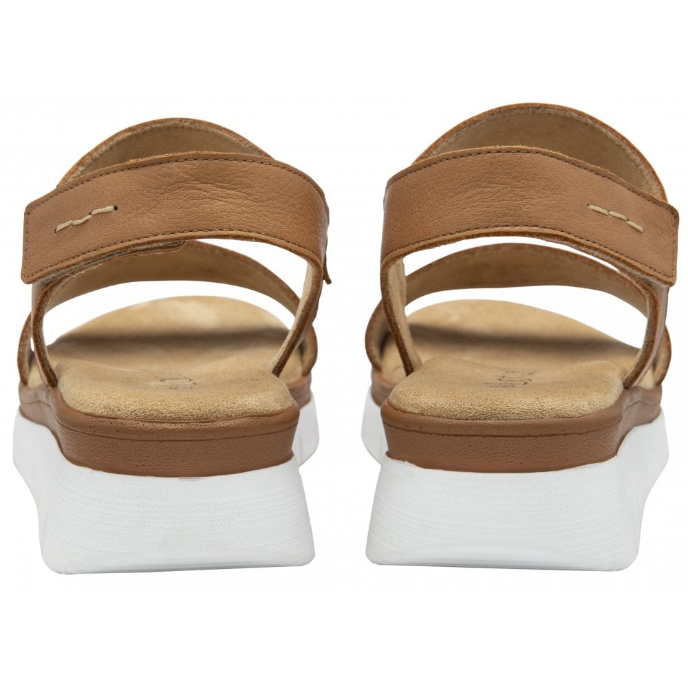 Lotus Facchini women's tan leather slingback sandals with wide straps and white platform soles.