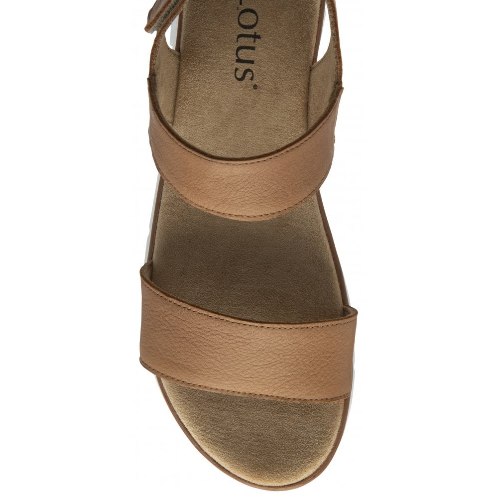 Lotus Facchini women's tan leather slingback sandals with two wide straps, cushioned insole, and open toe design.