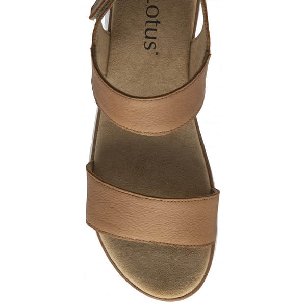 Lotus Facchini women's tan leather slingback sandals with two wide straps, cushioned insole, and open toe design.