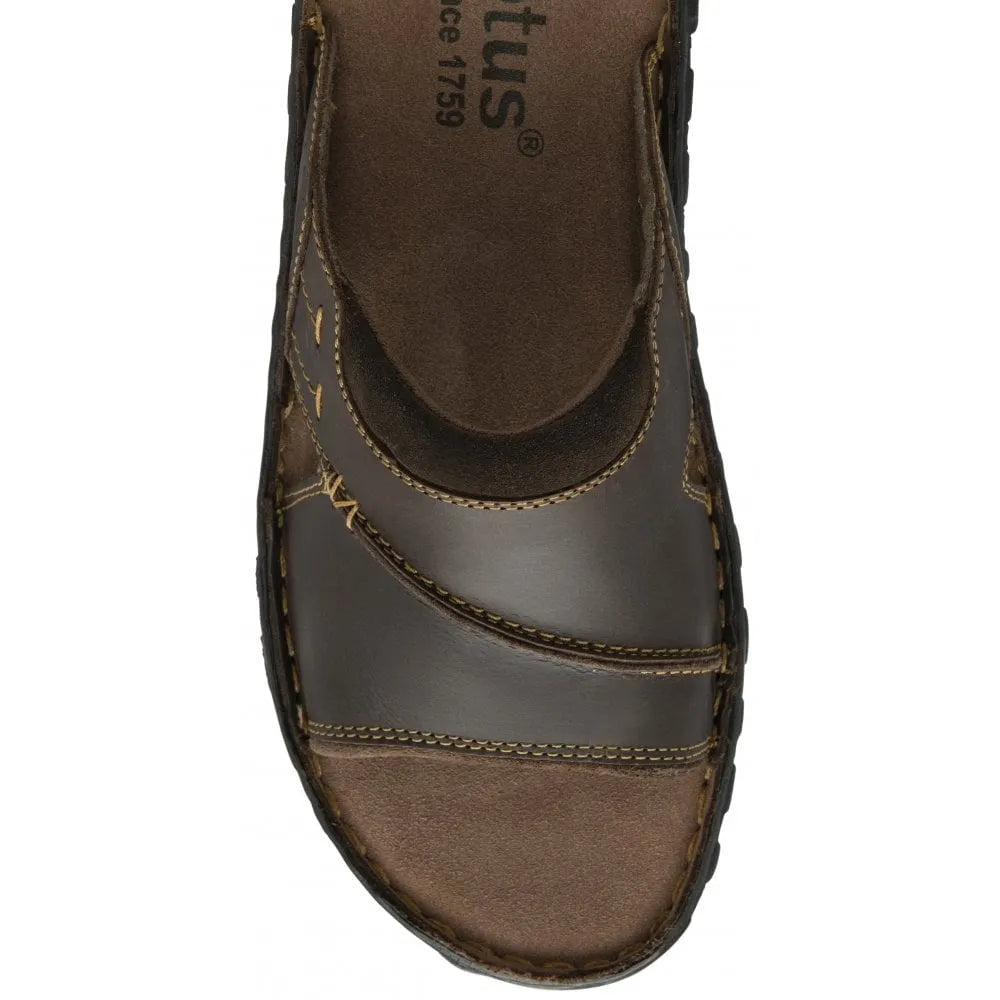 Lotus Louis men's brown leather slip-on mule sandals with stitched detailing and a padded insole.