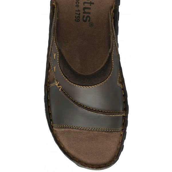 Lotus Louis men's brown leather slip-on mule sandals with stitched detailing and a padded insole.
