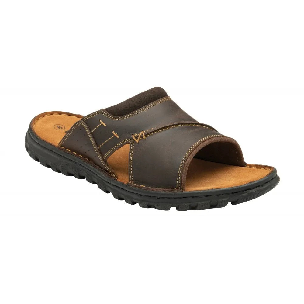 Lotus Louis men's brown leather slip-on mule sandal with open toe, cushioned insole, and rugged outsole.