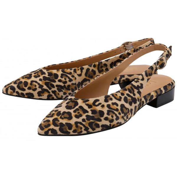 Lotus Morton women's leopard suede slingback shoes with pointed toes and low block heels.