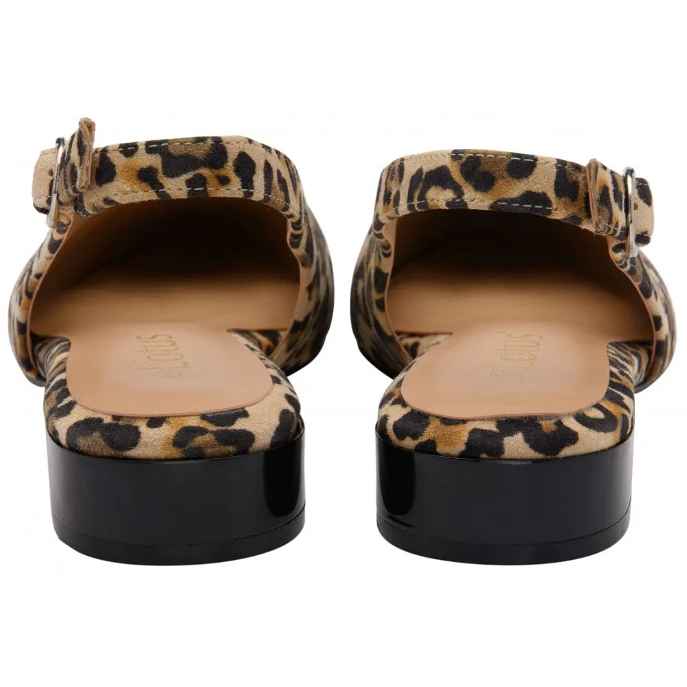 Lotus Morton women's leopard suede sling-back shoes with chunky black heels and adjustable ankle strap.