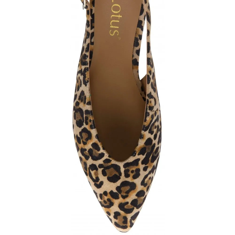 Lotus Morton women's leopard suede slingback heels with pointed toe and low block heel.