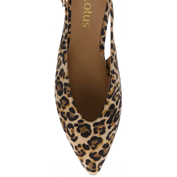 Lotus Morton women's leopard suede slingback heels with pointed toe and low block heel.