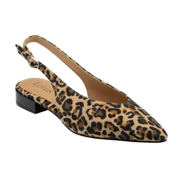 Lotus Morton women's leopard suede slingback shoes with pointed toe and low block heel.