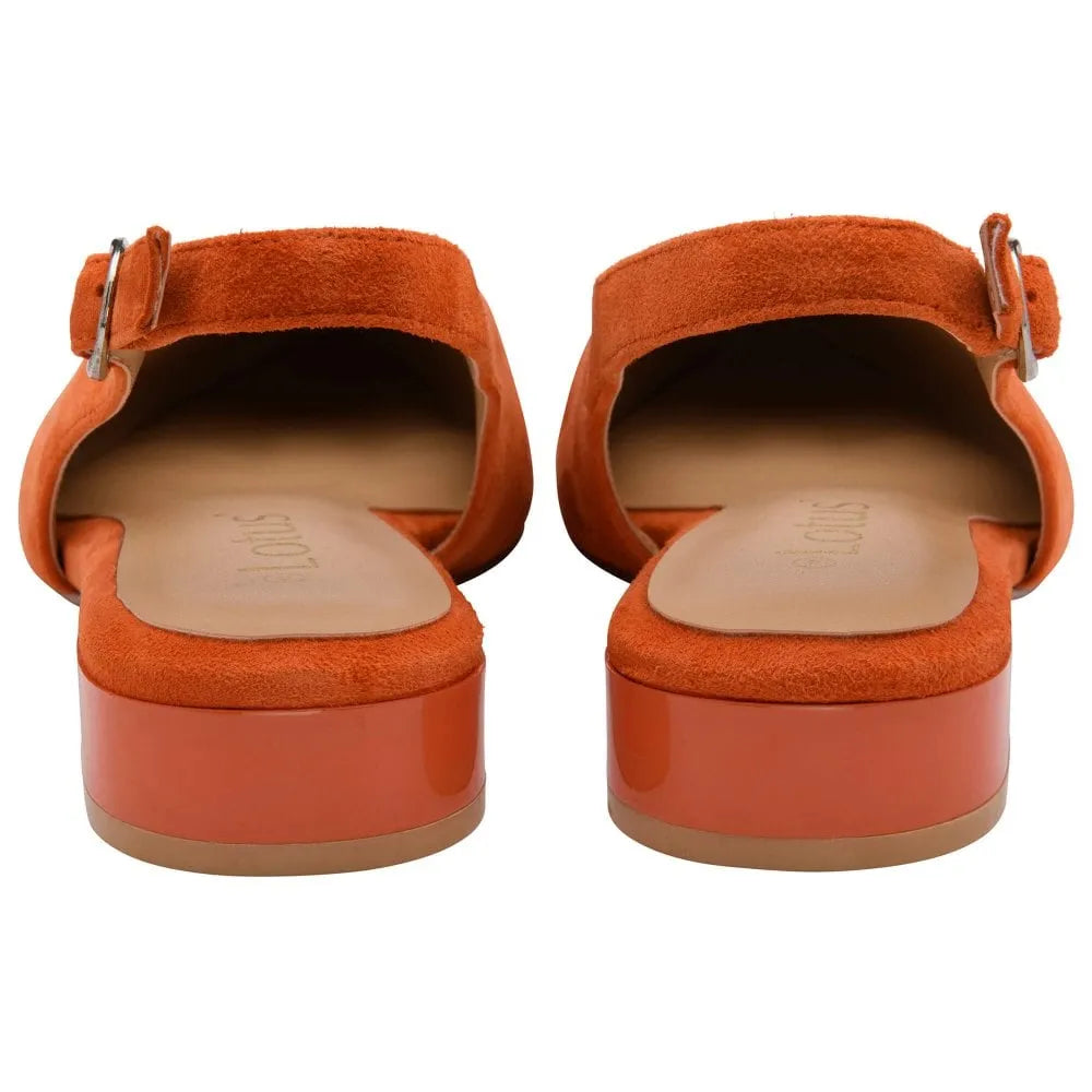 Lotus Morton ladies orange suede slingback shoes with chunky heels and ankle buckle strap.