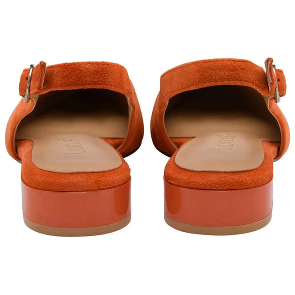 Lotus Morton ladies orange suede slingback shoes with chunky heels and ankle buckle strap.