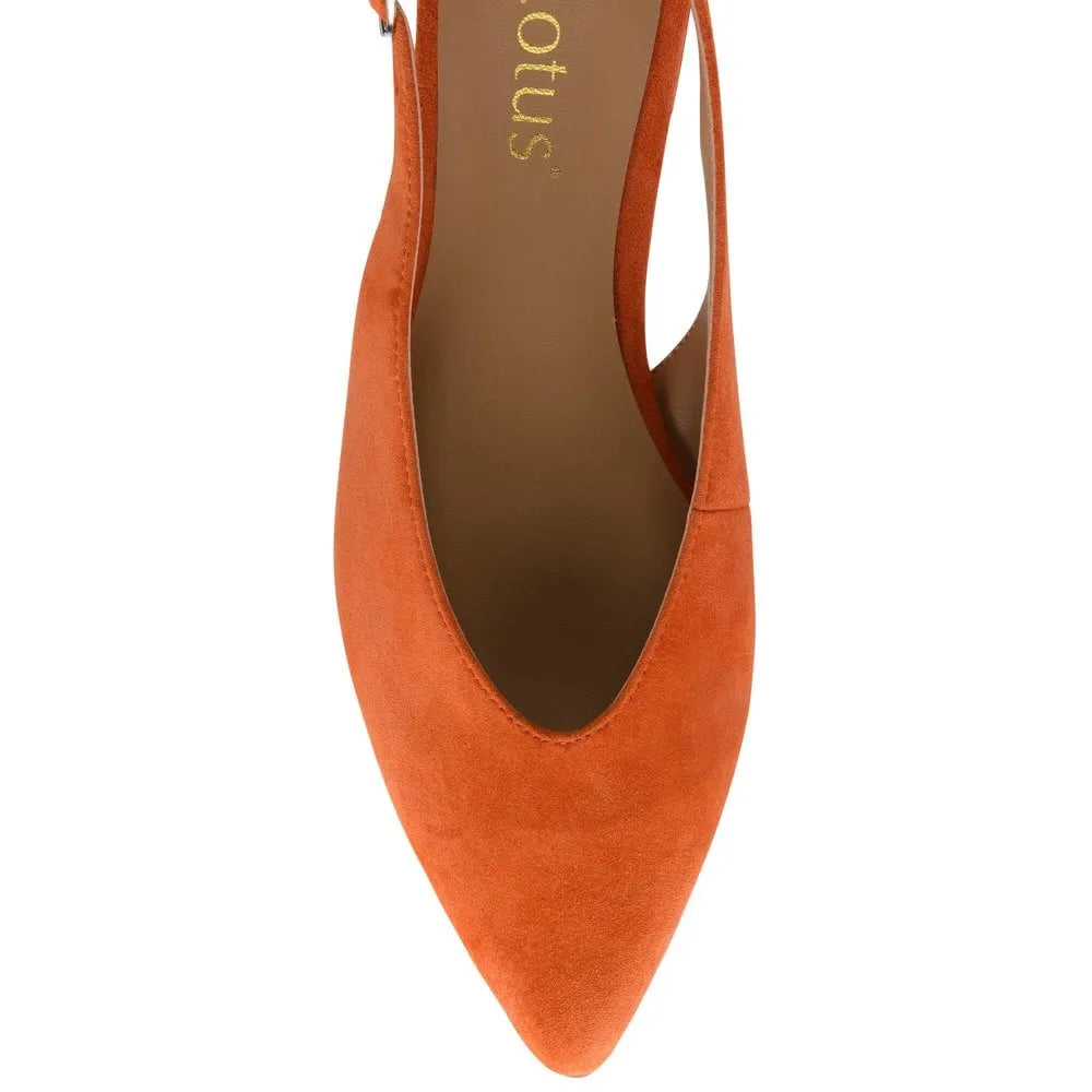 Lotus Morton women's orange suede slingback shoes with pointed toe and low heel.