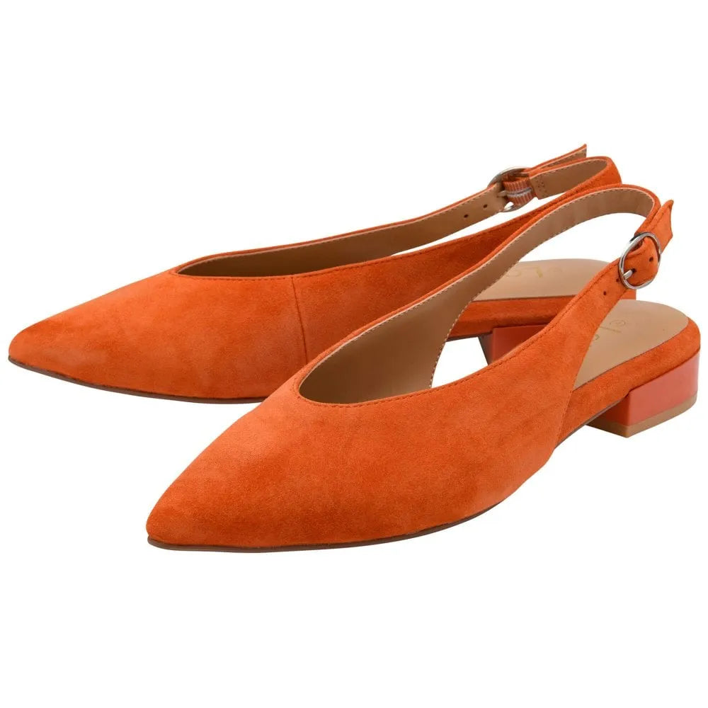 Lotus Morton women's orange suede slingback heels with pointed toes and low block heels.