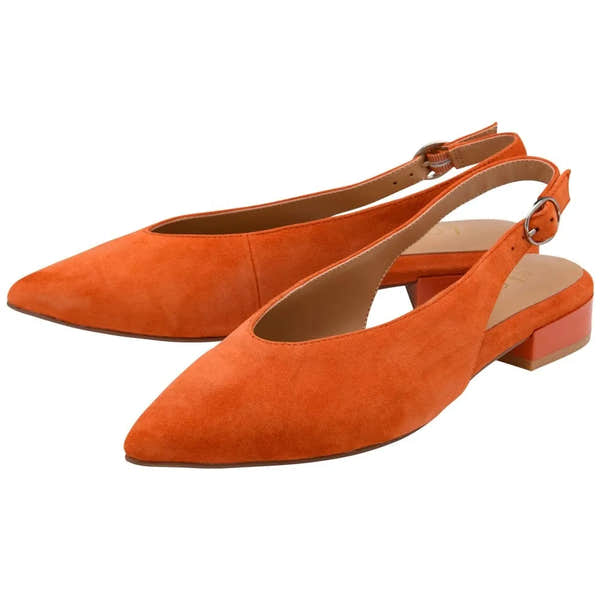 Lotus Morton women's orange suede slingback heels with pointed toes and low block heels.