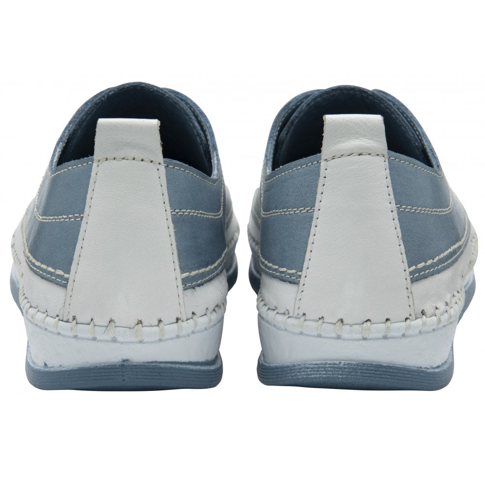 Lotus Rimini Women's Blue Leather Elasticated Shoes, back view with white stitch detailing and slip-on design.
