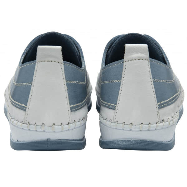 Lotus Rimini Women's Blue Leather Elasticated Shoes, back view with white stitch detailing and slip-on design.