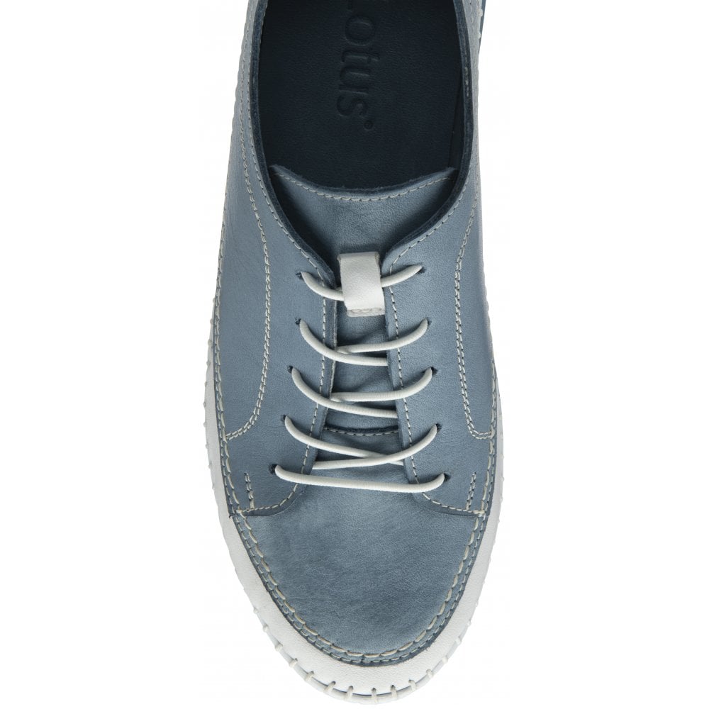 Lotus Rimini Women's Blue Leather Elasticated Shoes with White Laces and Sole, stylish and comfortable for casual wear.