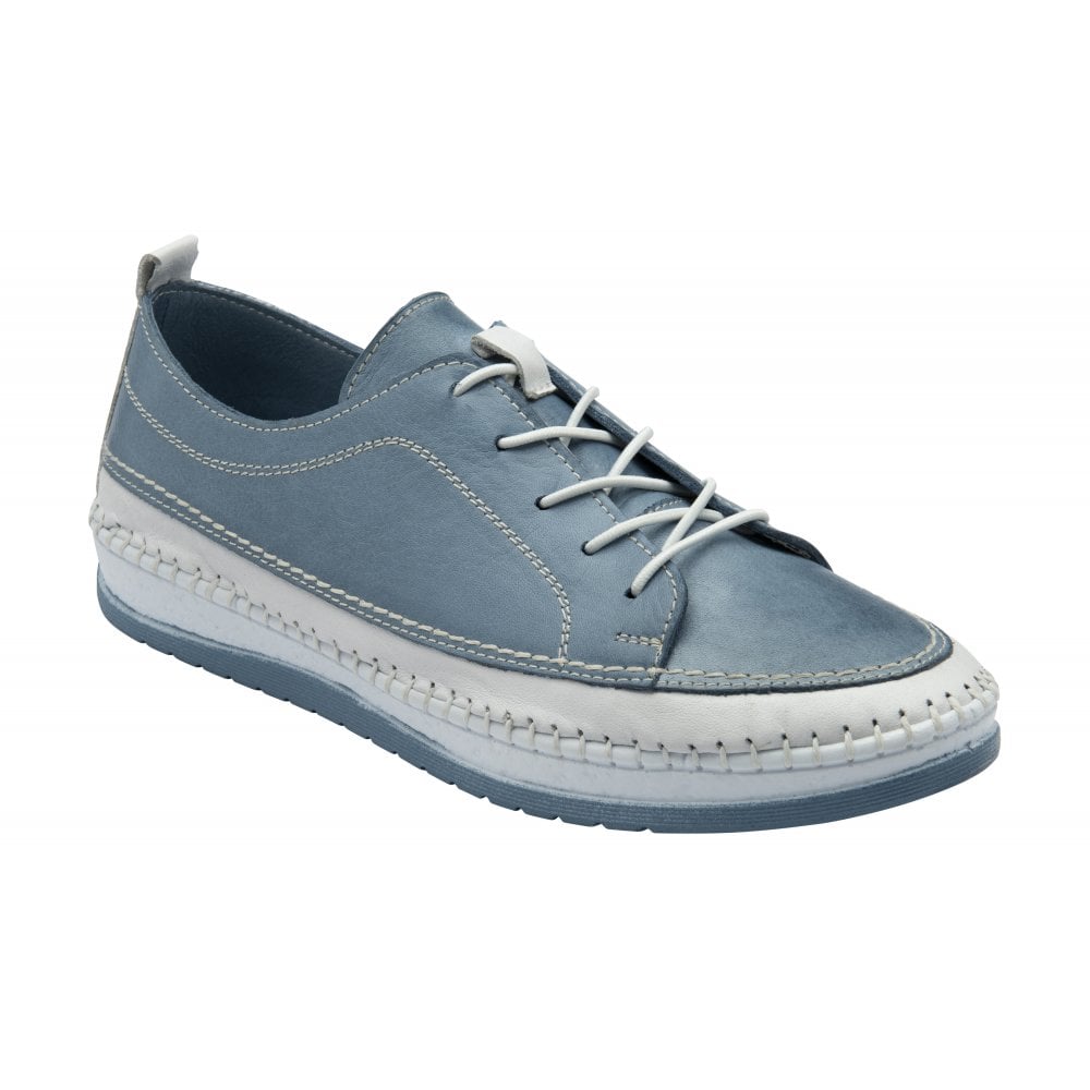 Lotus Rimini Ladies Blue Leather Elasticated Shoes with white sole and lace-up design.