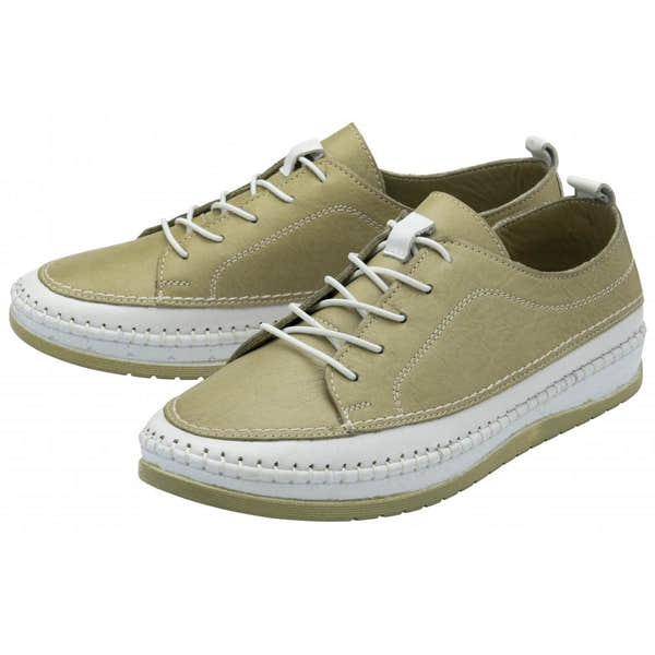 Lotus Rimini Ladies Sage Leather Elasticated Shoes with white soles and laces, stylish comfortable slip-on footwear.