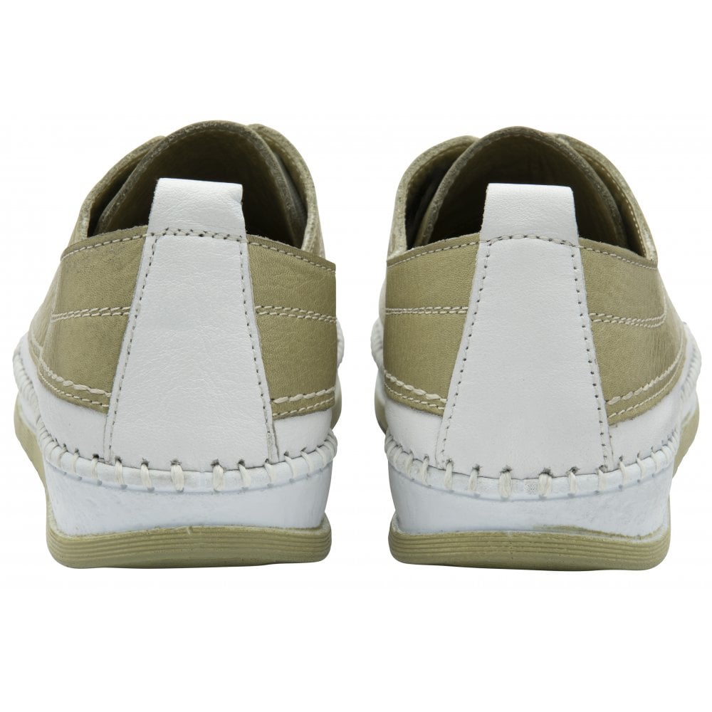 Lotus Rimini Ladies Sage Leather Elasticated Shoes, back view, comfortable slip-on casual footwear with stitched details.