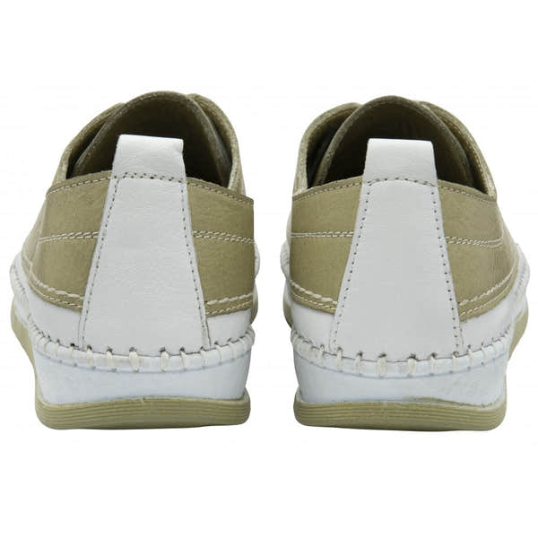Lotus Rimini Ladies Sage Leather Elasticated Shoes, back view, comfortable slip-on casual footwear with stitched details.